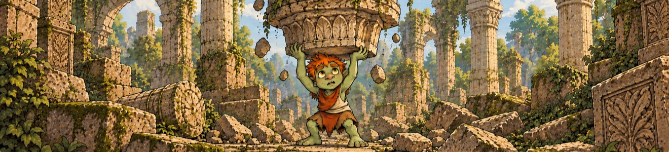 A blingo holding up a crumbling column